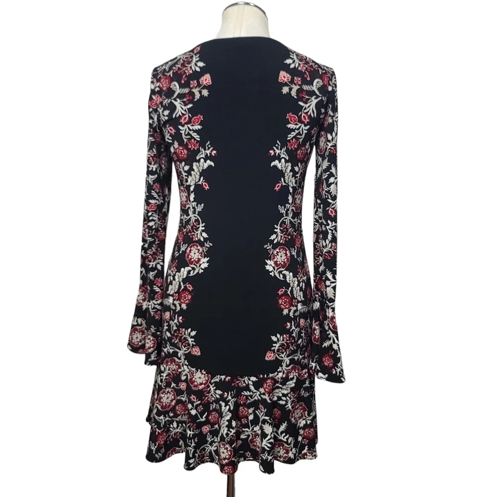White House Black Market V Neck Black Red White Floral Long Sleeve Dress XS - Picture 3 of 7